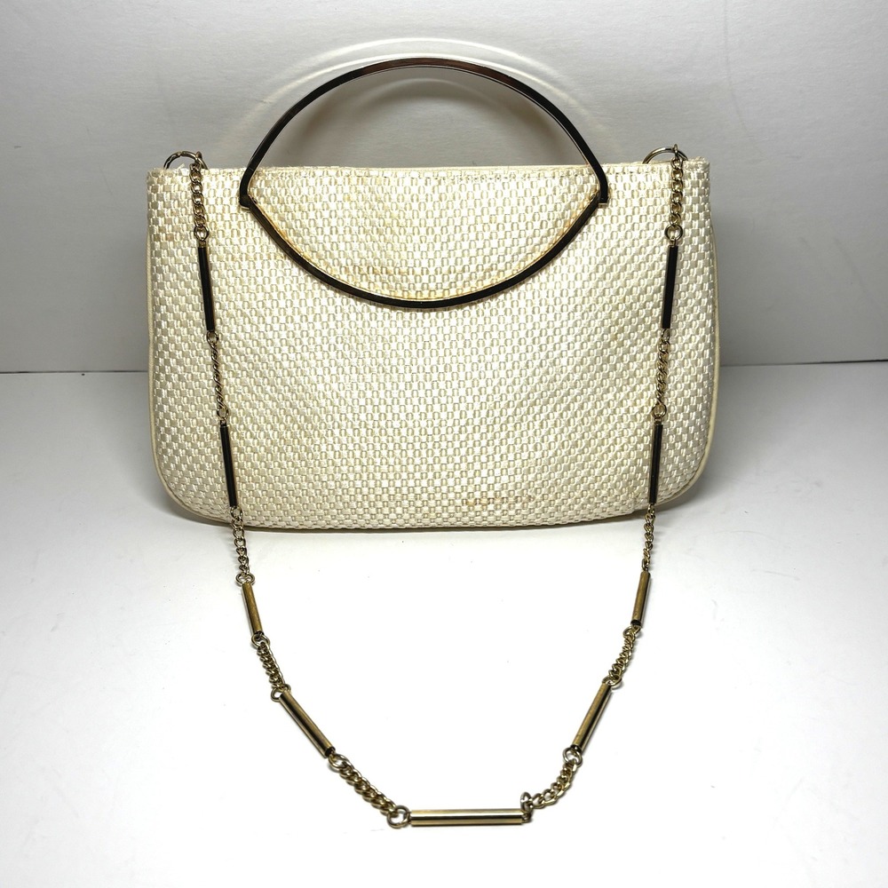 Vintage Woven Clutch Women OS Cream Gold Crescent Handle Chain Strap Bag